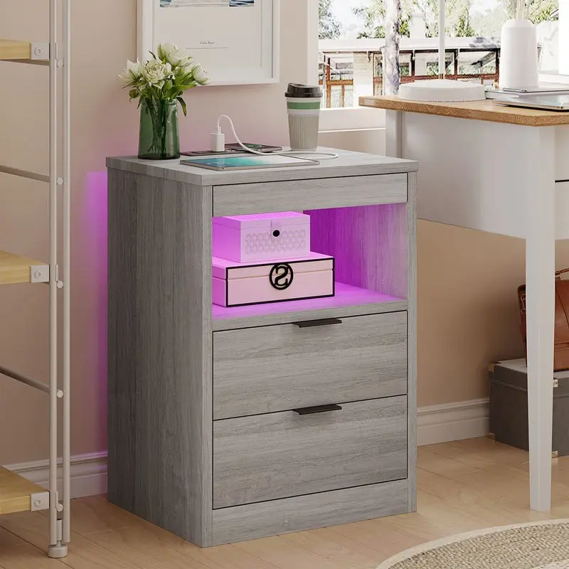 SIKAIC Modern Minimalist Rectangular Side Accent Pedestal Furniture - Compact Design, Multi-Mode LED Light Strip, Integrated Power Surface, Extendable Panel for Bedroom Bedside Storage, Small Spaces Dorm Room Ideas Interior Organization