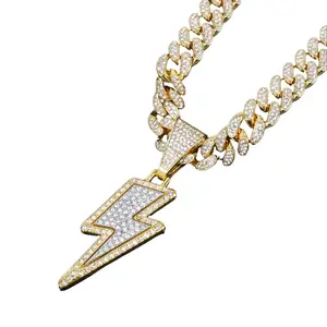 Iced Out Lightning Bolt Hip Hop Cuban Chain Necklace