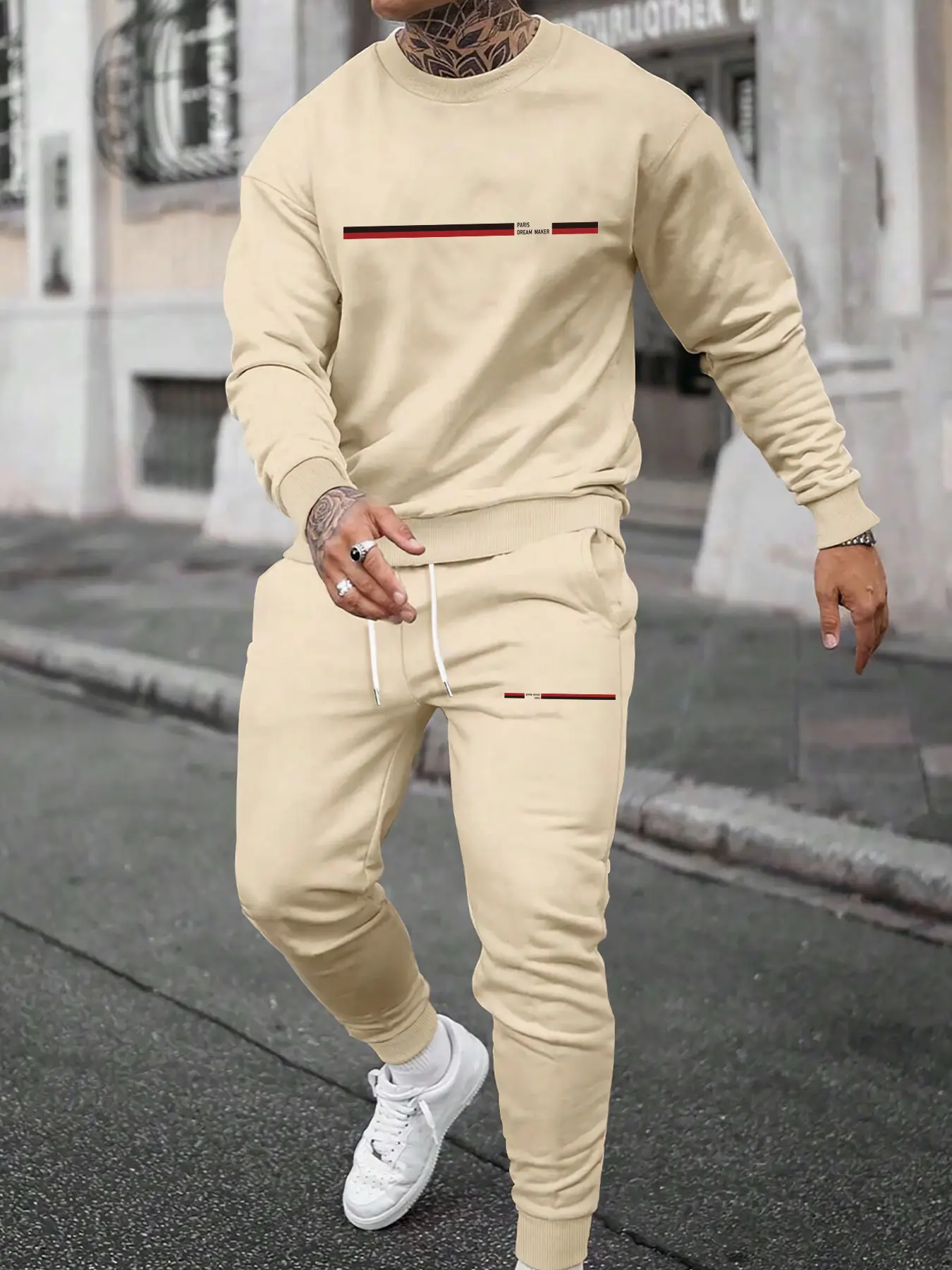 Two-piece men's set with long sleeves, Sporty Crew Neck and pants printed with 'minimalist contrasting stripes' for daily casual wear, Clothes, two-piece printed men's fashionable sportswear, Training Clothes, Sweatsuits Set