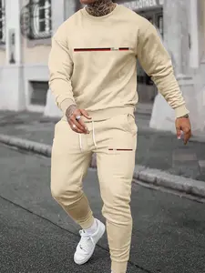 Two-piece men's set with long sleeves, Sporty Crew Neck and pants printed with 'minimalist contrasting stripes' for daily casual wear, Clothes, two-piece printed men's fashionable sportswear, Training Clothes, Sweatsuits Set