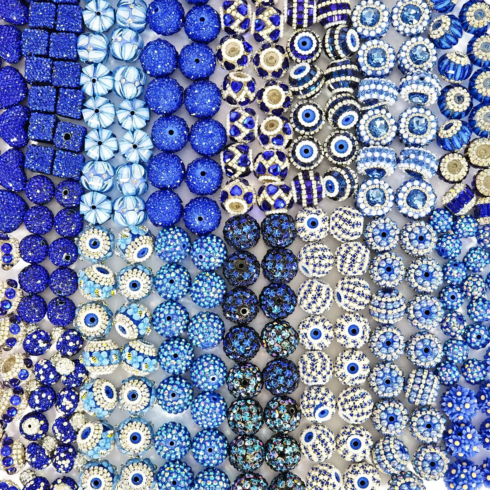 10Pcs Deep-Blue Evil Eye Themed Large Hole Beads - Floral Rhinestone-Embedded Resin Loose Beads for Jewelry Handcrafting & Ornament Making Supplies