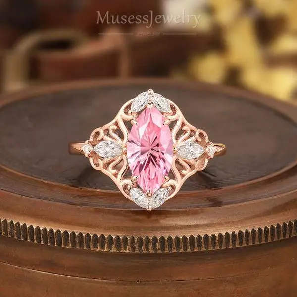 Firework-Cut Marquise Pink Sapphire Engagement Ring, Art Deco Halo Cluster