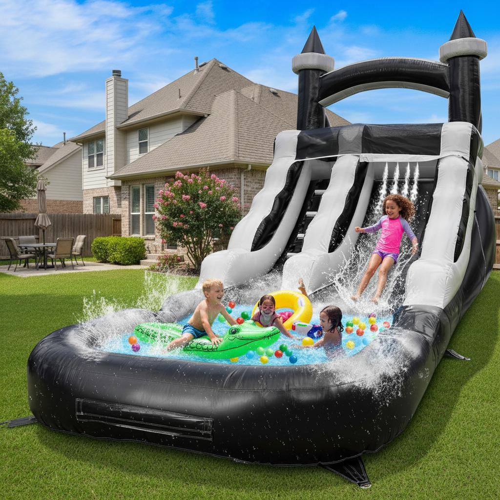 Commercial-Grade Large Water Slide,  Inflatable Water Slide for Kids&Adults Commercial Water Slide and Splash Pool, Giant Commercial-Grade Inflatable Water Slide, Swimming Pool, Large Waterslide, Wet/Dry Use, Summer Fun, Black