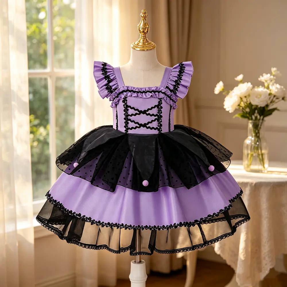 01 Girls' Black and Purple Sweet Cool Style Lolita Princess Dress Fluffy Tiered Party Dress
