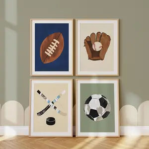 Sports Wall Art Prints Bundle - Boys Room Decor, Football, Baseball, Hockey & Soccer, Vintage Athletic Nursery Art Set of 4