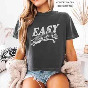 Comfort Colors Boxy Tee Cute Crop Top Shirt Easy Tiger T-Shirt Cropped Womens Graphic Tee Trendy Summer Top Gift for Girls Aesthetic Tee