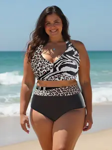 Plus Size Animal Print Bikini Set, Mixed Leopard & Zebra Pattern, High-Waisted Bottoms, Summer Beach Vacation Swimwear, Swimsuit Style Bikini