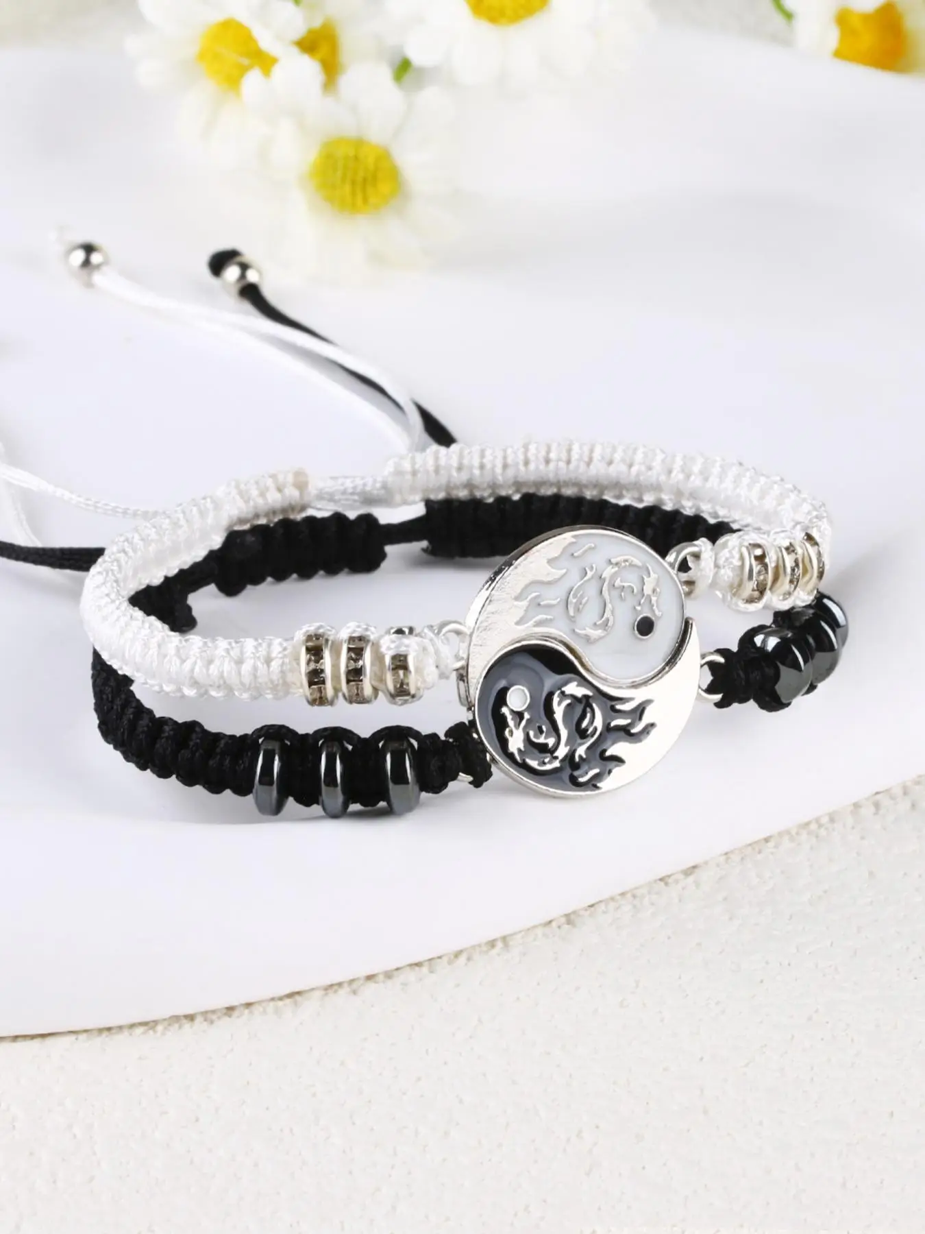 Yinyang Charm Braided Bracelet, Beaded Decor Pull Adjustable Bracelet, Unisex Jewelry for Party, Daily Clothing Decor, Trendy & Exquisite Jewelry for