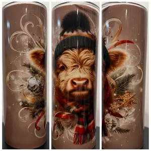 20oz Christmas's Cow Tumbler with Festive Design and Winter Accessories