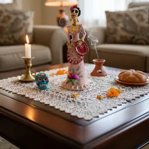 Handmade 10" Mexican Catrina Figurine Glow in the Dark Pastel Pink Dress Decorated Mexican Plate Día de los Muertos Collectible Artisan Crafted with UV Mini Light Included