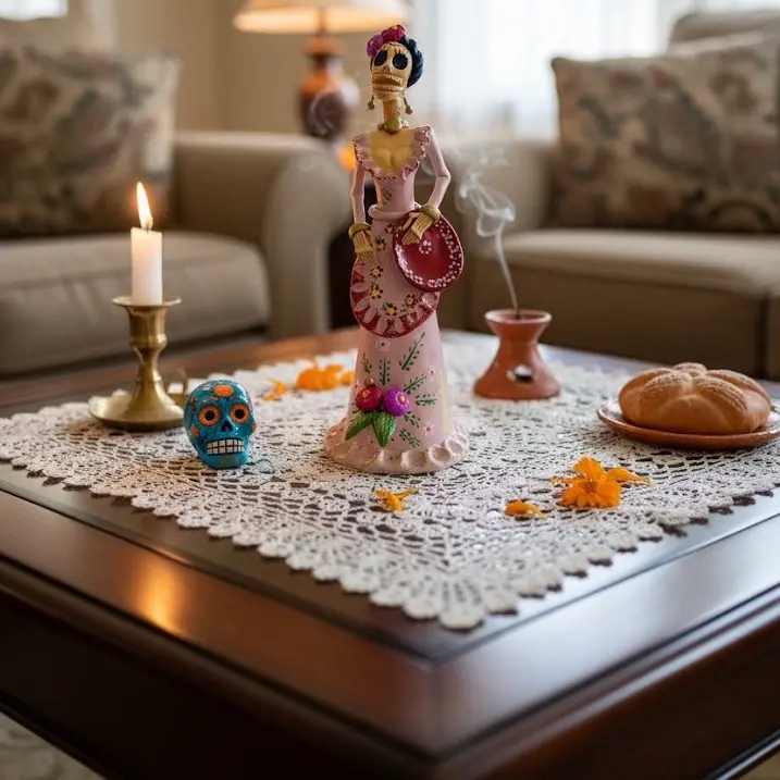 Handmade 10" Mexican Catrina Figurine Glow in the Dark Pastel Pink Dress Decorated Mexican Plate Día de los Muertos Collectible Artisan Crafted with UV Mini Light Included