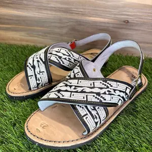 Mexican Crossed Huarache Sandals - Black and White Patterned Leather Straps for Comfortable Wear