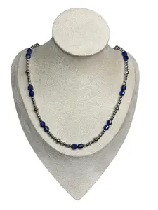 Stainless Pearls & Lapis Lazuli Barrel Bead Necklace