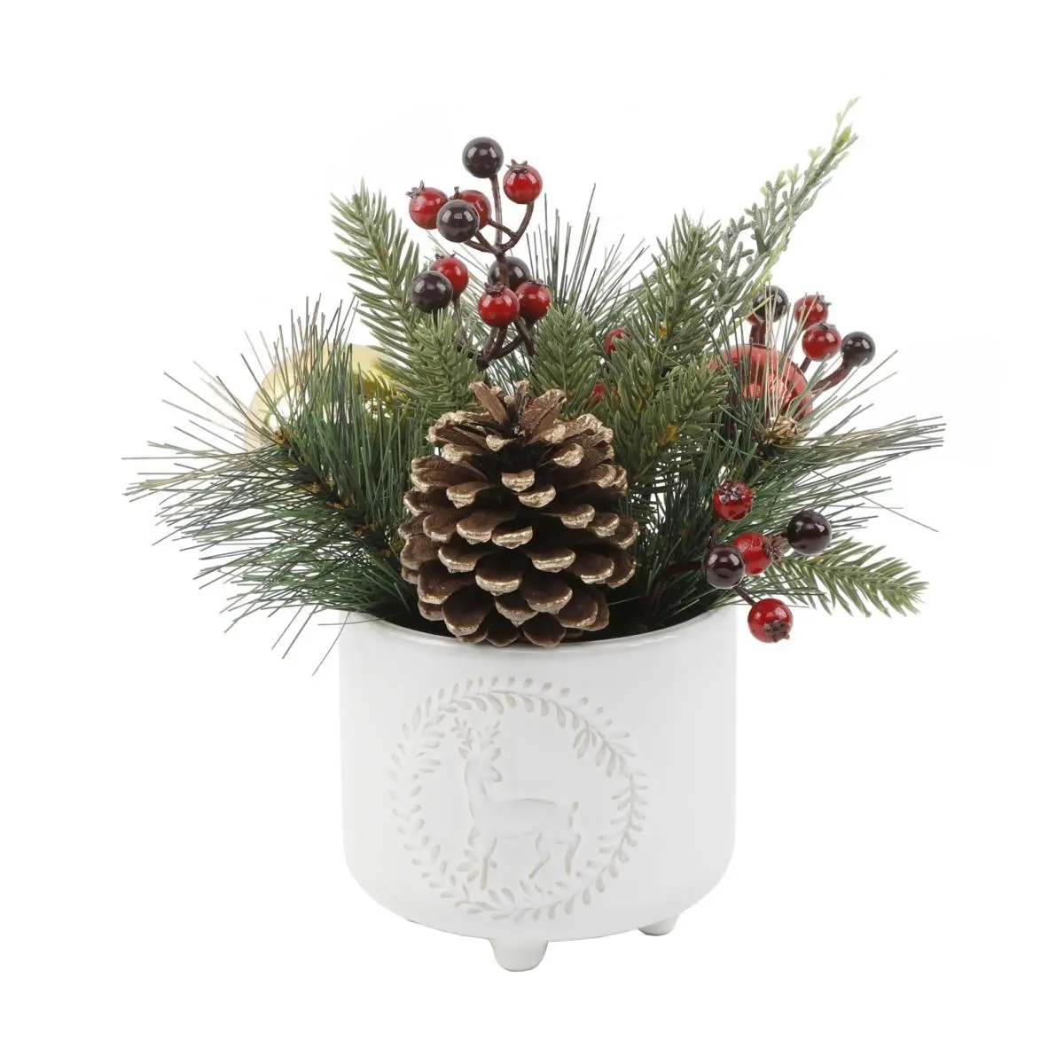 Flora Bunda CH2063E-IVORY Xmas Mix in Deer Wreath Ceramic Footed Pot 4.75X4.75X4.25