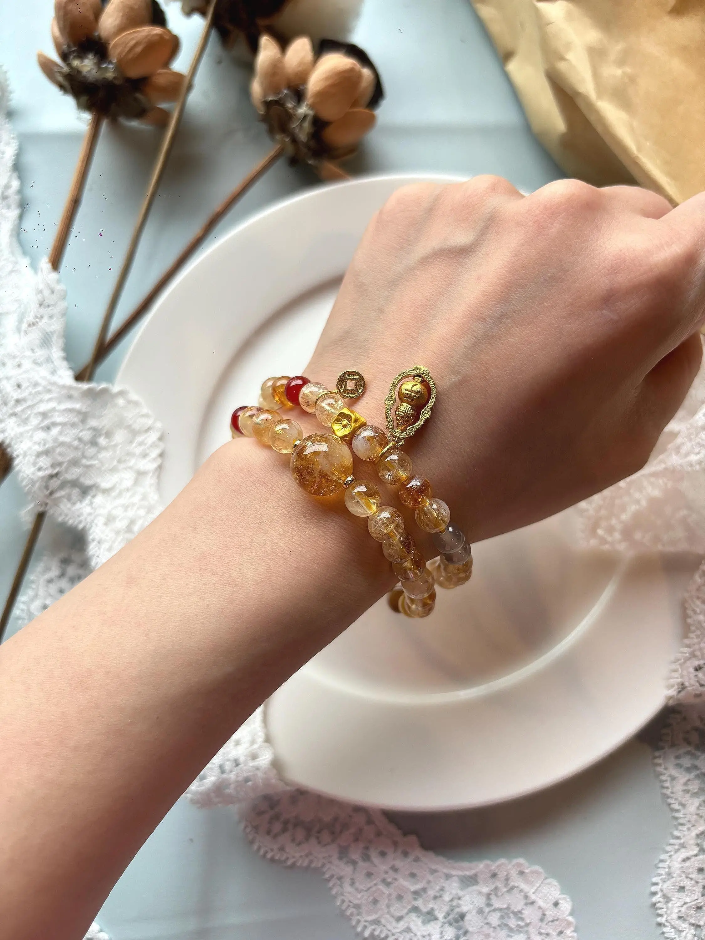 Golden Gemstone Double Wrap Bracelet, Tiger Eye Bracelet, Rotating Gourd Charm Bracelet, Handmade Layered Crystal Bracelet, Gift for Her