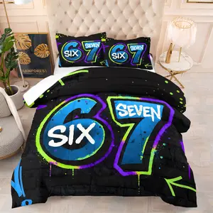 2/3Pcs Bold Graffiti 67 Style Comforter Set, Street Art Quilt With Pillowcases (Pillows Not Included), Urban Graffiti Decor,Bedding Set For Teens & Gamers Bedroom, Soft Microfiber