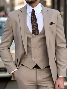 Men's Solid Color Beige Suit Jacket Blazer, Menswear Regular Fit Long Sleeve Shirt for Business and Formal Occasions, Spring and Fall Aesthetic Fashion Designer Clothing