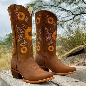 Memorial Day Gift stern Boots for Women Mid Calf Sunflower Embroidery Stitched Square Toe Low Heel  US king Shoes Leather Casual Footwear Comfort Decor Bota Summer Classic Cowboy Design Nail Brown Girl