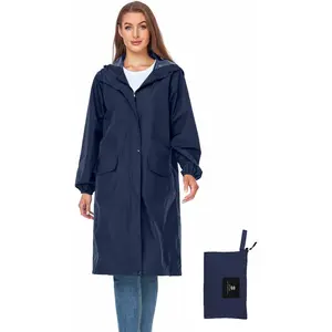 's Long Rain Jacket Waterproof Lightweight Hooded Raincoat Packable Knee Length Rain coat
