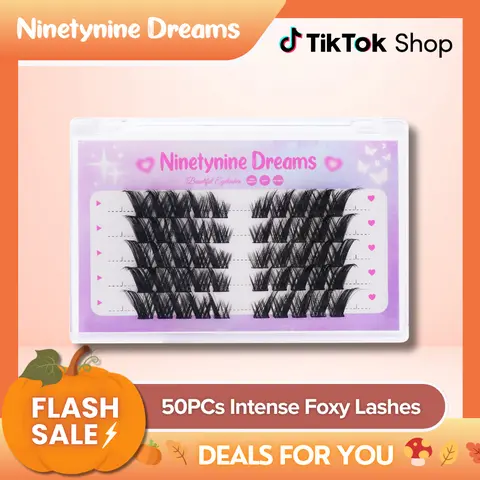 Ninetynine Dreams 50PCs Intense Foxy Lashes | Dramatic Wispy Long Pre-Mapped 8-16mm D Curl Beginner-Friendly False Eyelashes for Cat Eye & Siren Look — Reusable Waterproof Ultra-Thin Band Lash Clusters for Bold Glam Cat Eye Makeup