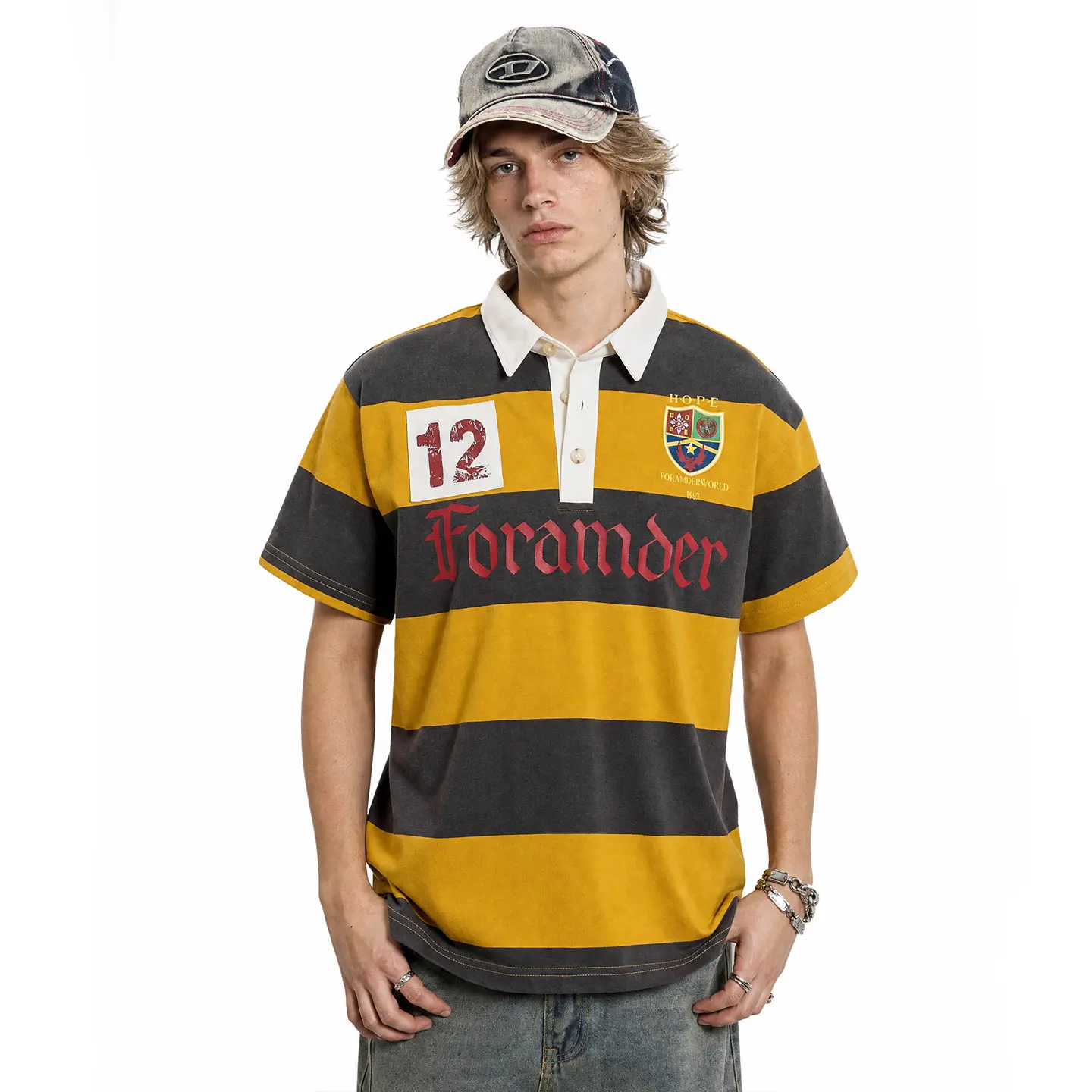 Inflation Striped Polo Shirt Men Crest Embroidery Number 12 Patch Print Oversized Short Sleeve Streetwear Rugby Top