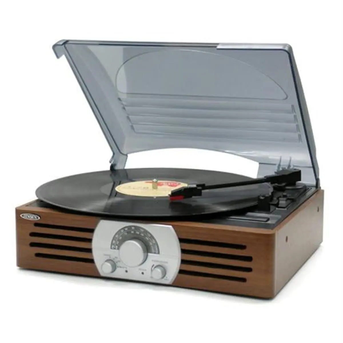 Spectra Merchandising Antique Wood 3-Speed Stereo Vinyl Record Player Collectible - AM-FM Radio, Dust Cover, Home Entertainment Turntable