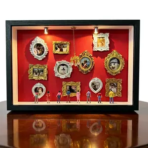 DIY Mini Museum Shadow Box Photo Frame With 11 Mini Frames, 8 Random Figurines ，Personalized Memory Display Box For Family, Pets & Couples, Personalized Keepsake Gift For Christmas, Father's Day, Family & Pets