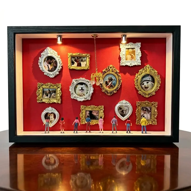 DIY Mini Museum Shadow Box Photo Frame With 11 Mini Frames, 8 Random Figurines ,Personalized Memory Display Box For Family, Pets & Couples, Personalized Keepsake Gift For Christmas, Father's Day, Family & Pets