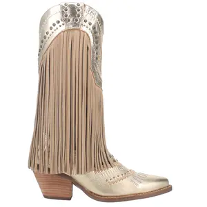 Dingo Womens Gypsy Studded Fringe Metallic Snip Toe  Casual Boots Mid Calf Mid Heel 2-3" - Gold
