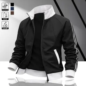 Men's casual contrasting color stand up collar sports jacket, lightweight windproof fabric, side stripe design, street retro style, suitable for daily outings and commuting, fashionable multifunctional personalized styling Sporty Breathable Outerwear