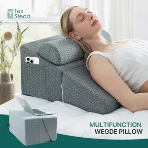 Multifunction Bed Wedge Pillow for Acid Reflux, Reading, Post Surgery Recovery. Adjustable Memory Foam Inclined Pillow Set with Neck Support & Pockets