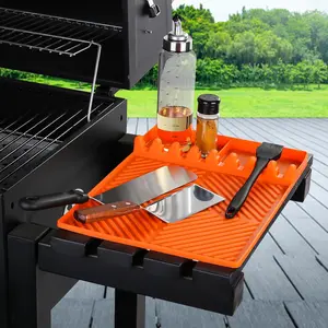 Silicone Tools Mat for Griddle Kitchen Cooking Baking Countertop-Side Shelf Spatula Mat with Drip Pad for Blackstone Weber Traeger Pit Boss Flat Top Grill Smoker- BBQ Accessories Gifts for Men (Orange)