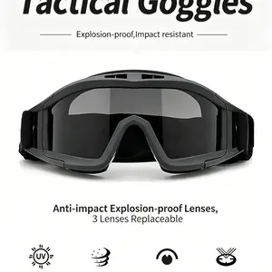 Unisex Tactical Cricket Goggles, Three-Lens Set, Outdoor Cs Shooting Anti-Shock Explosion-Proof Helmet Glasses, Protective Eyewear