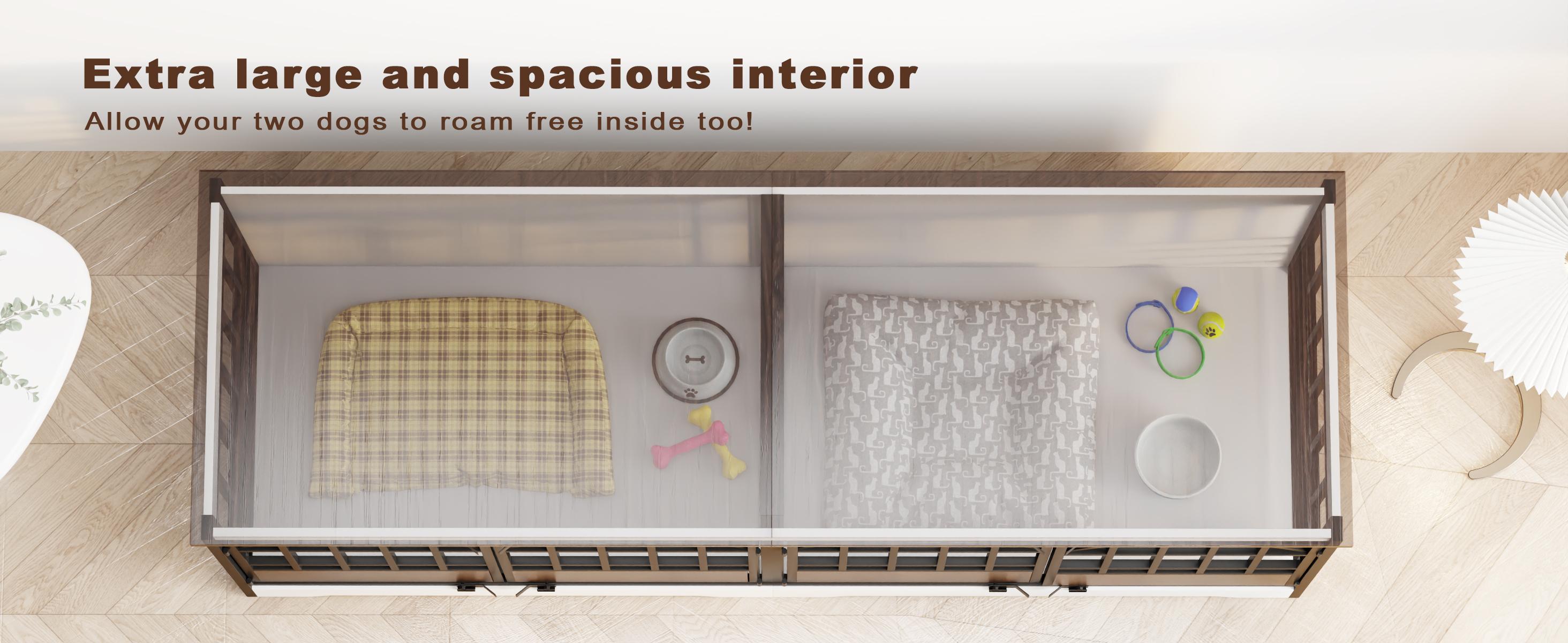 COZPAW 86 Inch Double Dog Crate Furniture for 2 Dogs, Decorative Dog Kennel Indoor TV Stand, Heavy Duty Wooden Dog Cage for Large Medium Dogs Sized Dog Pet House with Divider (Brown)