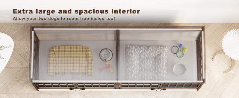 COZPAW 86 Inch Double Dog Crate Furniture for 2 Dogs, Decorative Dog Kennel Indoor TV Stand, Heavy Duty Wooden Dog Cage for Large Medium Dogs Sized Dog Pet House with Divider (Brown)