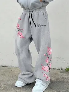 Men's Heather Cherry Blossom Flower Letter Print Sweatpants, Floral Print Sweatpants, Y2K Casual Joggers with Fitted Style for All Seasons, Spring to Summer Streetwear