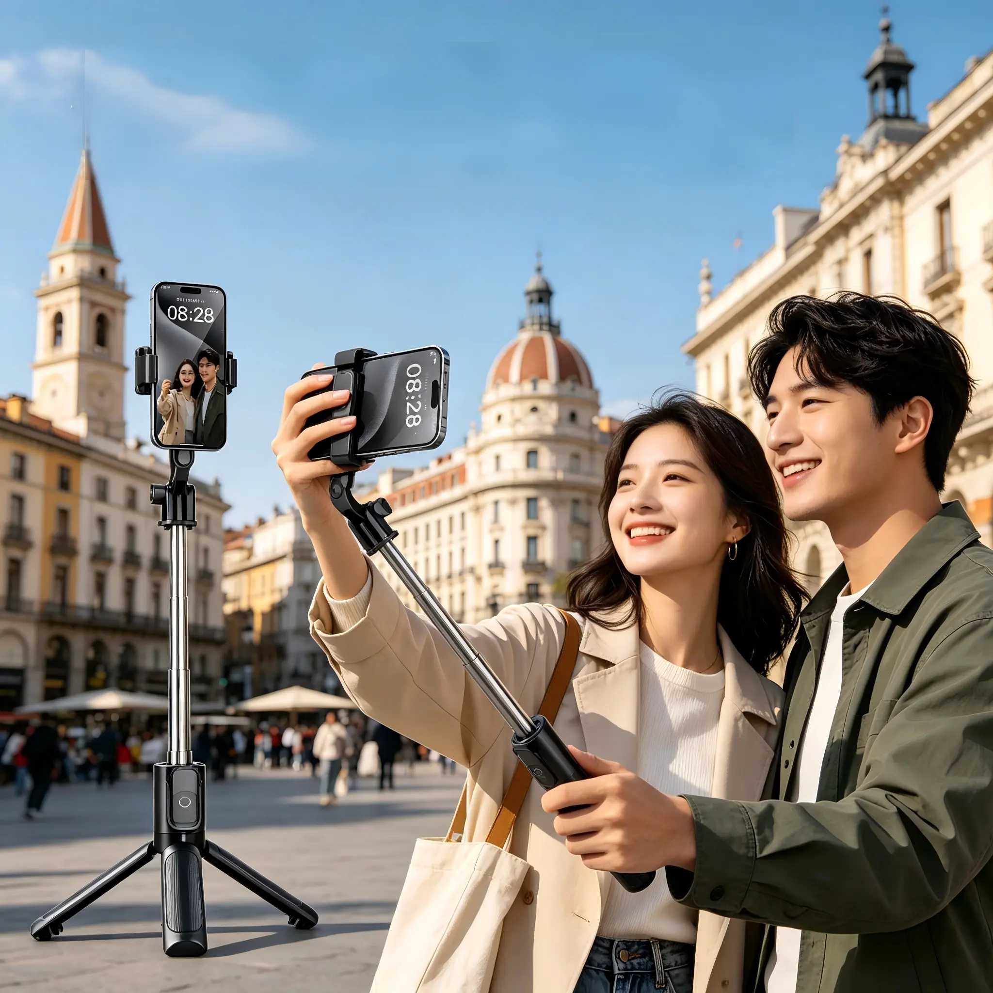 Mini Selfie Stick Tripod Stand for iPhone ，Adjustable Height Extension (15-75cm) One Click Control ，Suitable for Travel/Live Streaming/Outdoor Multiple Scenes