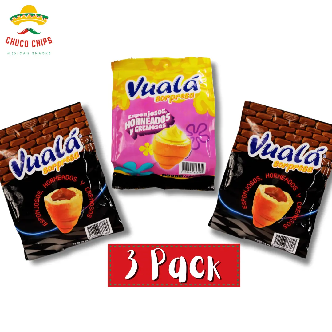 Vuala Mexican Chocolate Croissant - 3 Pack | Vuala Sorpresa | Emoji Series .Mini Cuernitos filled with Chocolate or Vanilla. Choose From All Chocolate, All Vanilla, or 2 Chocolate & 1 Vanilla | Mexican Chips & Snacks by Chuco Chips