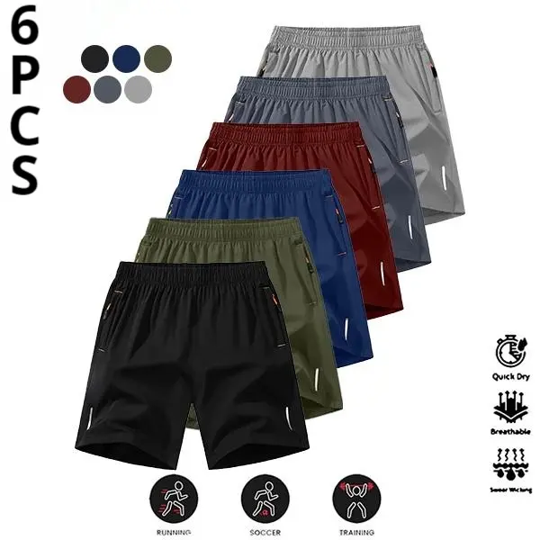 Men's Quick Dry Breathable Shorts Set 6 Pack Anti-Wrinkle Polyester Blend with Reflective Strips for Running Football Badminton Basketball Gym Workout
