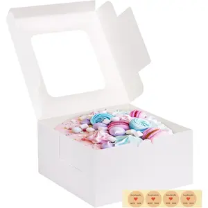4 Pack Cake Boxes with Window, 10x10x5 Inches White Bakery Containers, 10 Inch White Cake Carrier, Disposable Bakery Boxes for Valentine's Day Mother's Day Cake Cupcake Cookie Pie Pastry