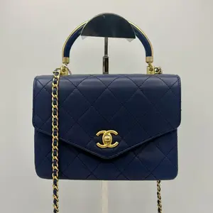 Pre-owned CHANEL Leather Crossbody Bags Blue Quilted Calfskin Metal Top Handle Envelope Flap