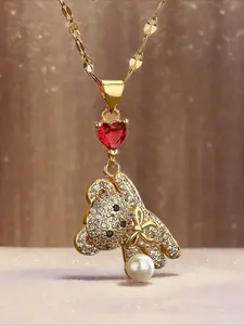 1pc 18K Golden Plated Adorable Bear Pendant with Synthetic Zirconia, Heart-Shaped Charm for Daily and Banquet Occasions - All Seasons Compatible Charms Necklace