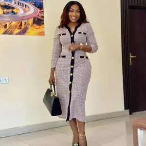 Elegant Knitting Workwear Maxi Dresses Women Long Sleeve V-neck Single Breasted Pocket Nightclub Party Dress Office Lady Outfits H