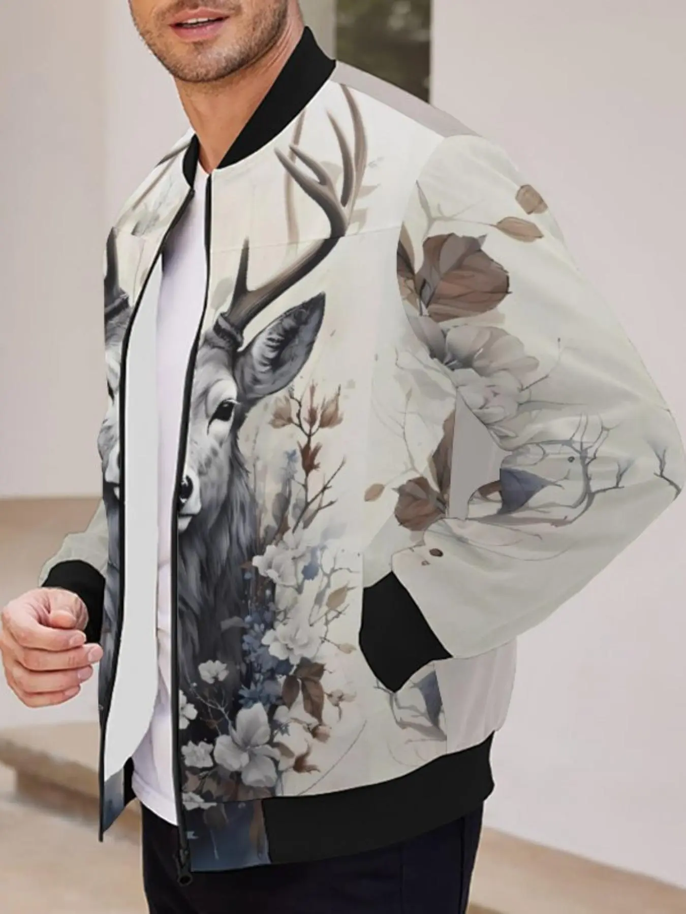 Men's Deer & Floral Print Zip Up Jacket, Regular Fit Casual Long Sleeve Mock Neck Outerwear for Fall & Winter, Men's Clothes for Daily Wear