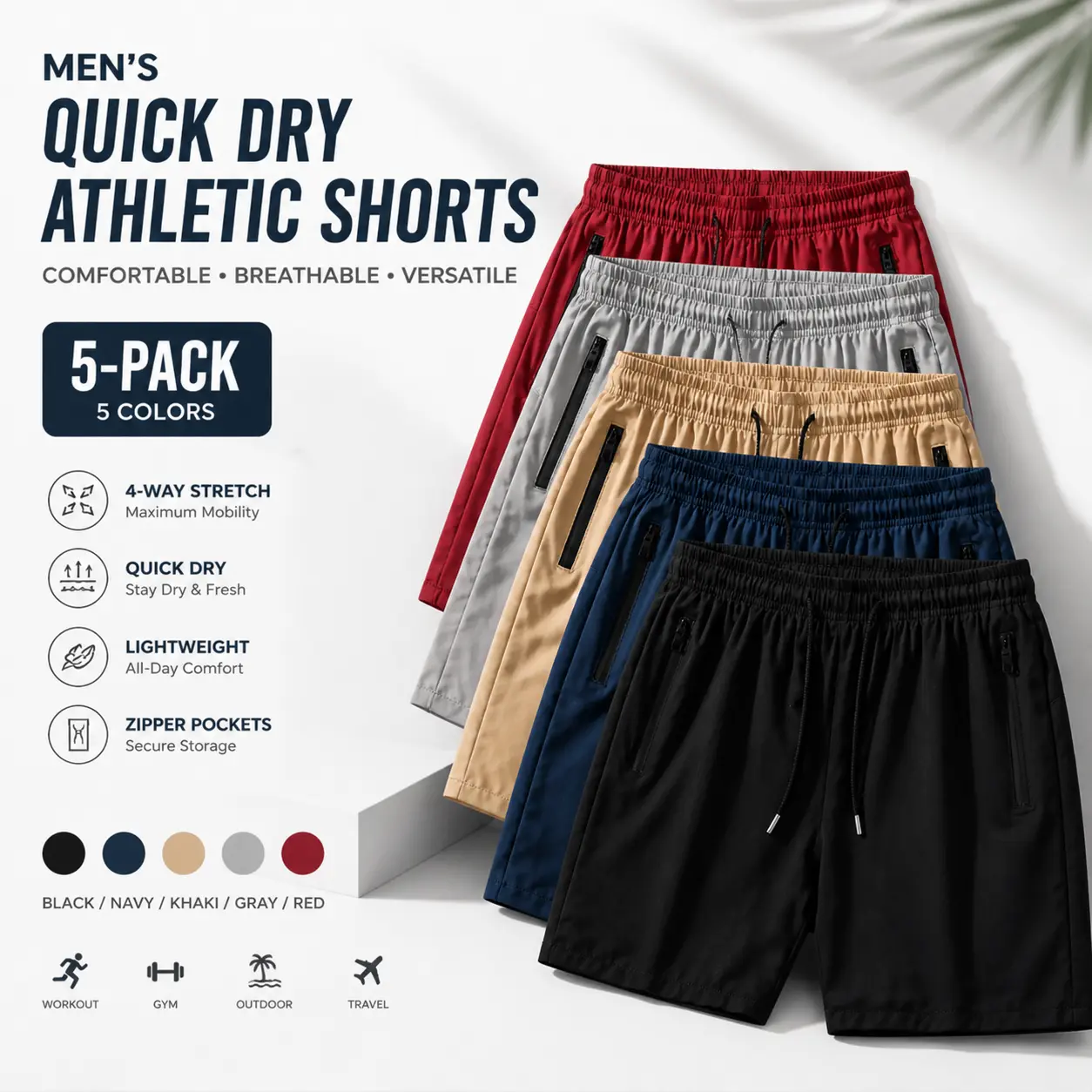 Men's 5-Pack 5" Active Shorts, Solid Loose-Fit Quick-Dry Nylon Twill with Zipper Pockets for Gym & Running, Plain, Breathable, Athletic Fit Men's Sports Shorts, Versatile And Easy To Match, Three-Quarter