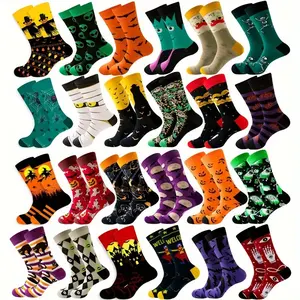 12 Pairs Fun Themed Novelty Socks For Men Soft Cotton Mid Calf Socks With Alien Pumpkin Scarecrow Pattern