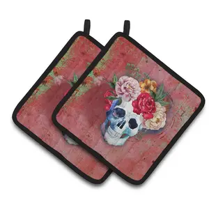 212 MAIN Day of the Dead Red Flowers Skull Pair Set Pot Holders - Kitchenware, Thick, Colorful, Hanging, Polyester, Home Use