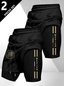 Men's Two-Piece Short Pants Set, Vintage Mexican Emblem Workout Shorts, Comfortable Daily Fitness Wear, Sporty Loose-Fit Design