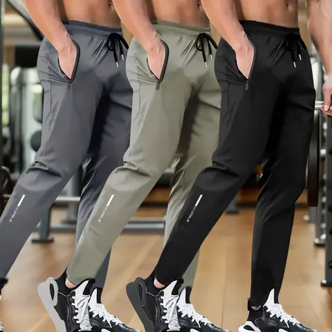 Men’s 3-Pack Loose-Fit Flat-Front Activewear Pants - Fitted, Polyester Stretch Fabric, Zip-Fly, All-Season Menswear Bottoms for Outdoor Activities, Work, Plain Beige Motocross Clothing,sohochic