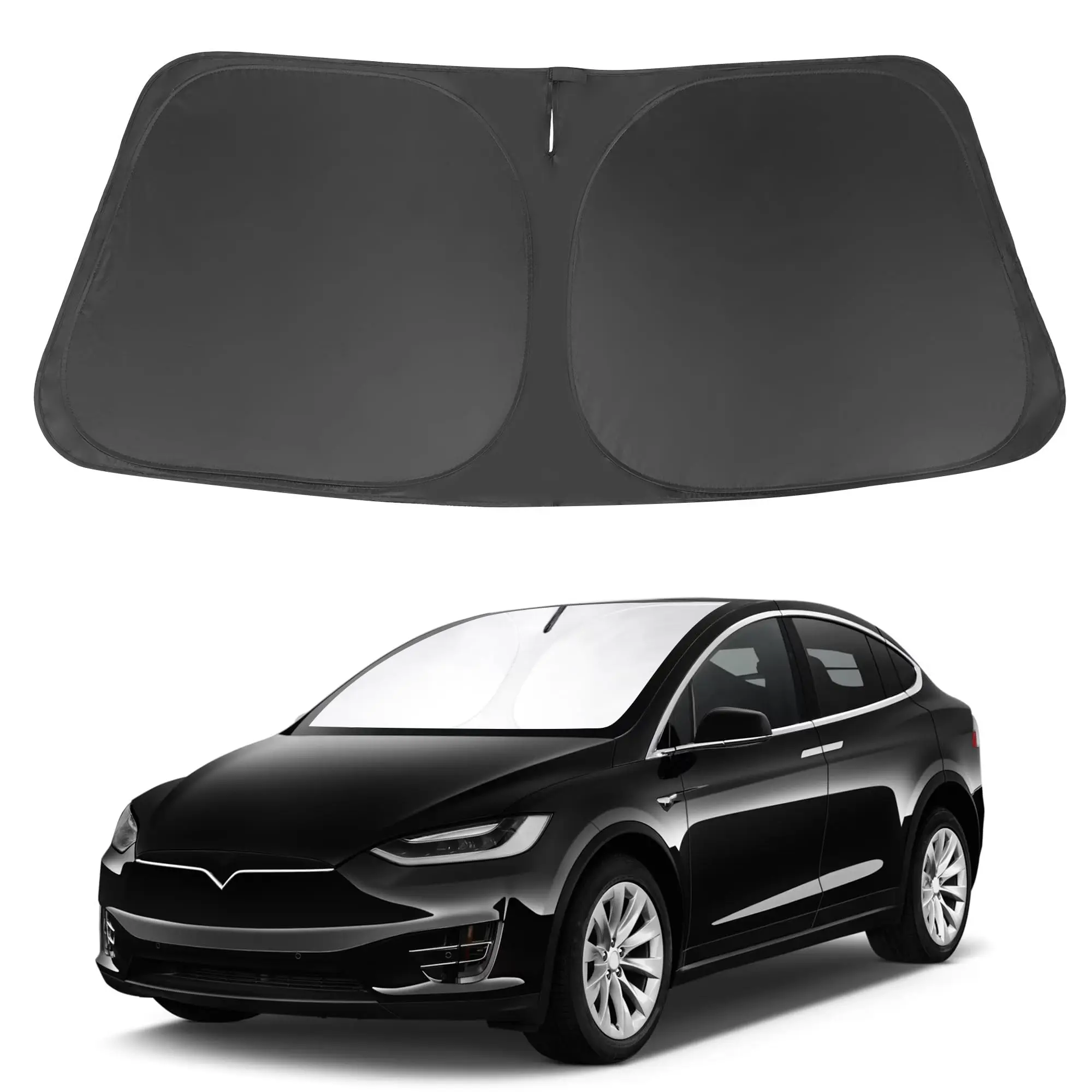 Tesla Model Y Windshield Sun Shade Car Sunshade Cover — Custom Fit, Portable Foldable Design, Medium Fit, Black UV Block & Block Heat for Summer Driving, UV Sun Protection, Keep Vehicle Cool